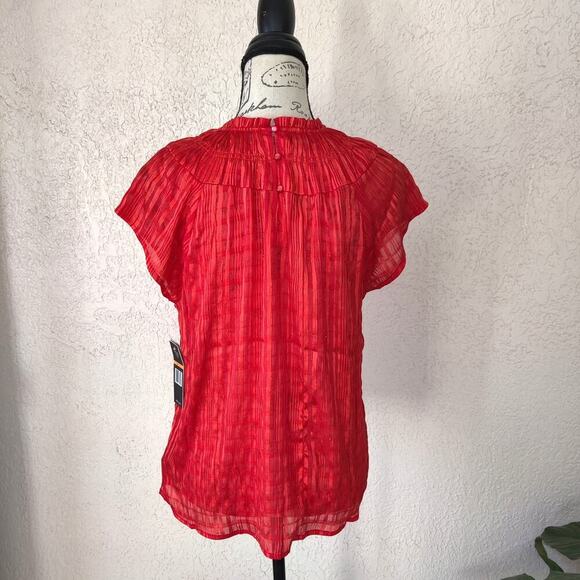 Nanette Lepore Short Cap Sleeve Blouse S Striped Metallic Ruffle Neck Orange Red - Picture 6 of 11
